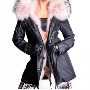 NEW NICOLE BENISTI fox fur coat parka anorak jacket in dusty rose
